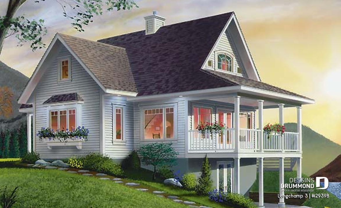 Vue arrière - MODÈLE DE BASE - Plan de maison style chalet à la campagne, 2 chambres + loft à l'étage, mezzanine, belle terrasse abritée - Longchamp 3