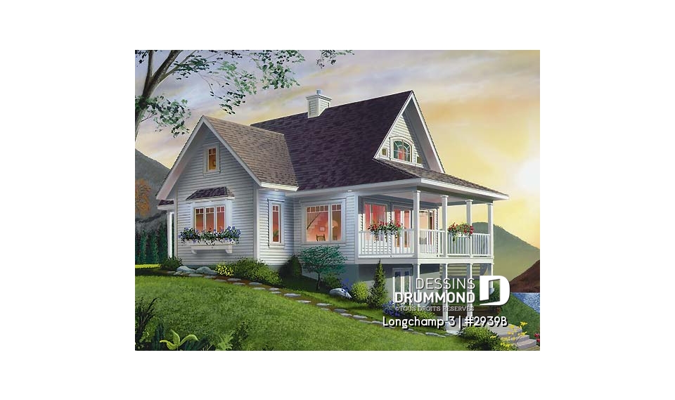 Vue arrière - MODÈLE DE BASE - Plan de maison style chalet à la campagne, 2 chambres + loft à l'étage, mezzanine, belle terrasse abritée - Longchamp 3