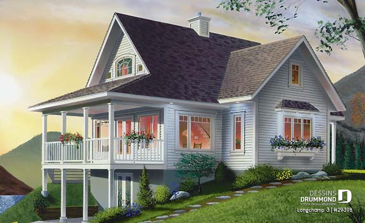 Vue arrière - MODÈLE DE BASE - Plan de maison style chalet à la campagne, 2 chambres + loft à l'étage, mezzanine, belle terrasse abritée - Longchamp 3