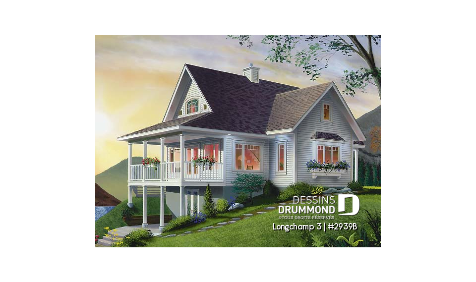 Vue arrière - MODÈLE DE BASE - Plan de maison style chalet à la campagne, 2 chambres + loft à l'étage, mezzanine, belle terrasse abritée - Longchamp 3