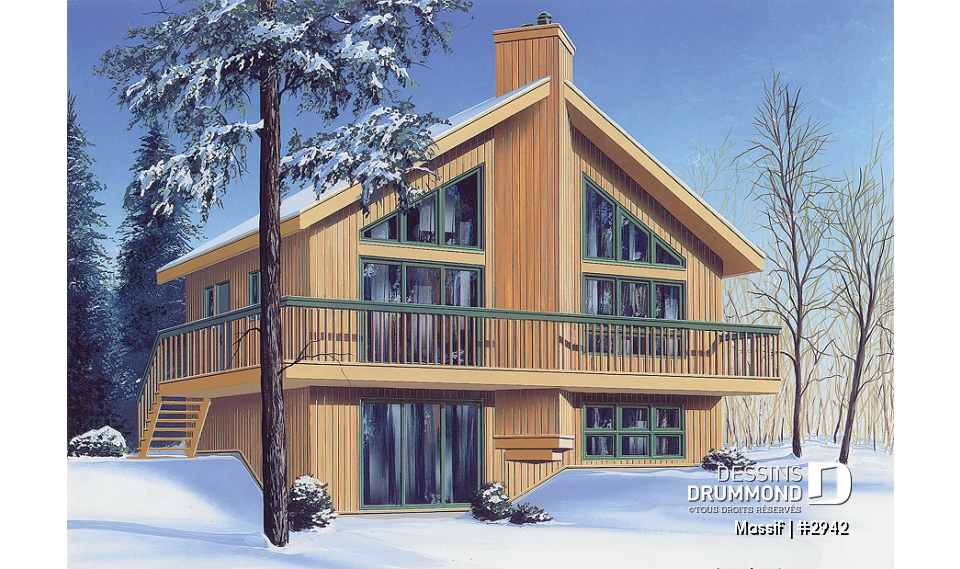 Vue avant - MODÈLE DE BASE - Modèle de chalet avec plancher 1 à 3 chambres, vue panoramique, espace ouvert, grand foyer &amp; superbe terrasse - Massif