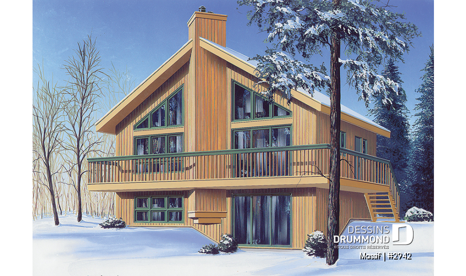 Vue avant - MODÈLE DE BASE - Modèle de chalet avec plancher 1 à 3 chambres, vue panoramique, espace ouvert, grand foyer &amp; superbe terrasse - Massif
