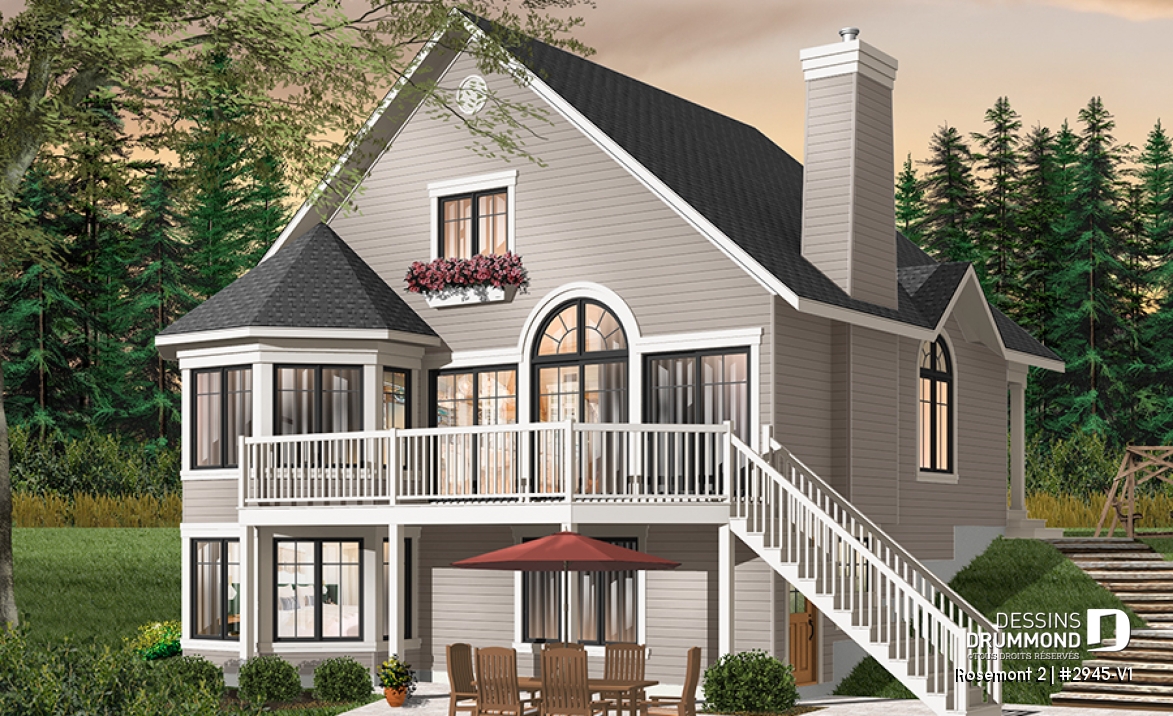 Vue arrière - MODÈLE DE BASE - Plan de chalet 3 chambres, 2 salles de bain, mezzanine, foyer, aire ouverte, sous-sol rez-de-jardin non-fini - Rosemont 2
