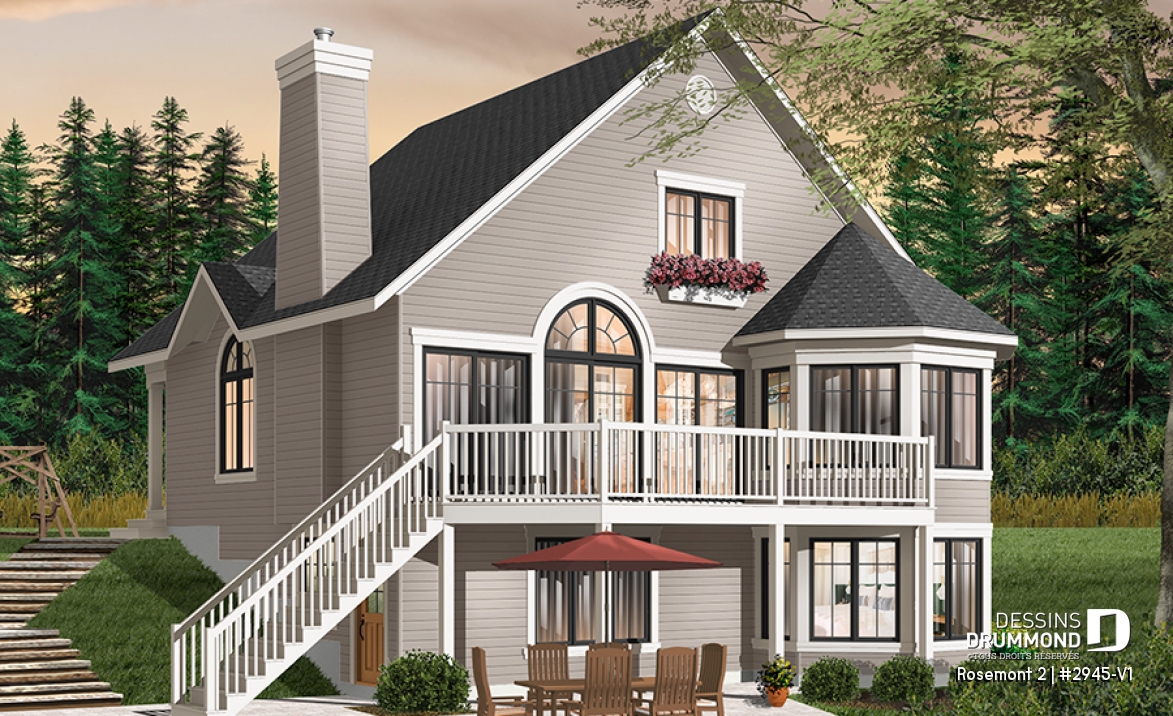 Vue arrière - MODÈLE DE BASE - Plan de chalet 3 chambres, 2 salles de bain, mezzanine, foyer, aire ouverte, sous-sol rez-de-jardin non-fini - Rosemont 2