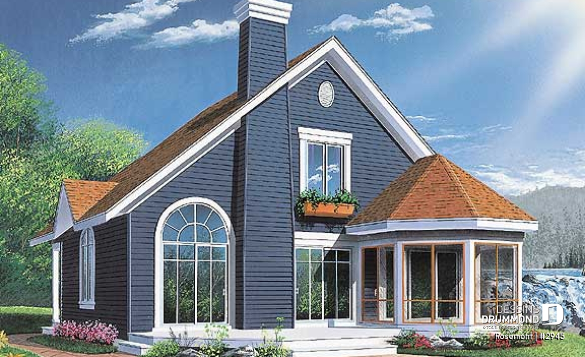 Vue arrière - MODÈLE DE BASE - Plan de maison ou chalet, 3 chambres dont une au rez-de-chaussée, 2 s. bain, mezzanine, foyer, espace ouvert - Rosemont
