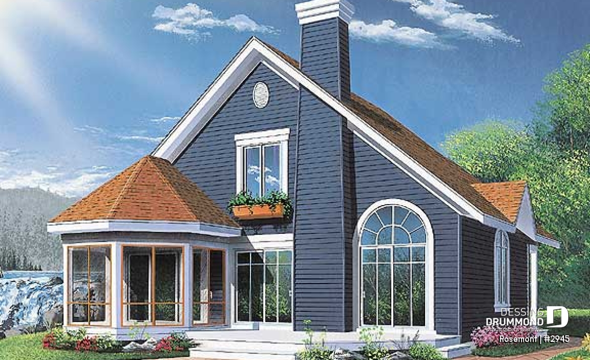 Vue arrière - MODÈLE DE BASE - Plan de maison ou chalet, 3 chambres dont une au rez-de-chaussée, 2 s. bain, mezzanine, foyer, espace ouvert - Rosemont