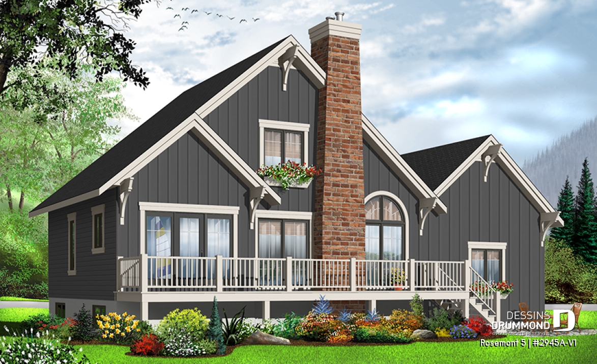Vue arrière - MODÈLE DE BASE - Plan de maison genre chalet avec garage, foyer, style rustique, 3 chambres, 2 s.bain, mezzanine, cathédral - Rosemont 5