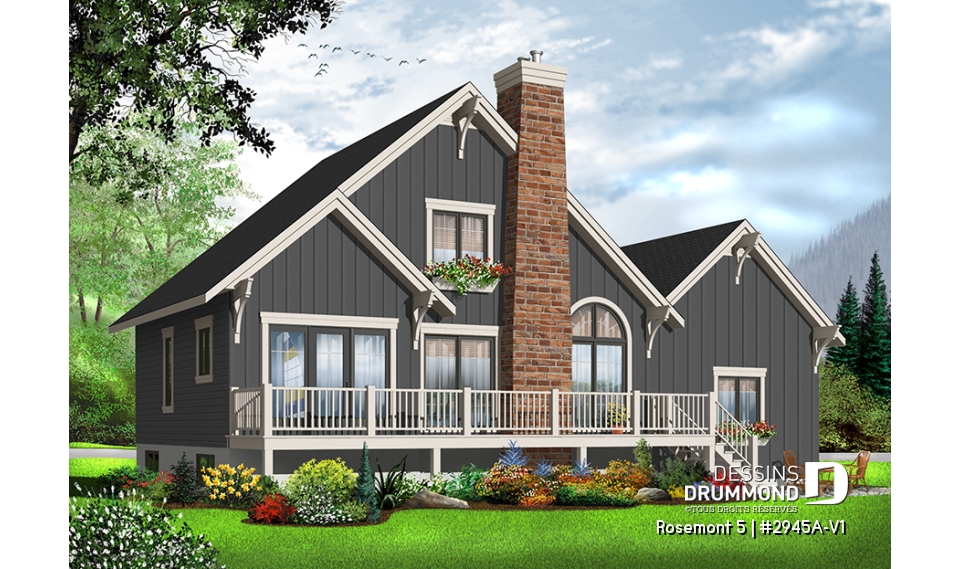 Vue arrière - MODÈLE DE BASE - Plan de maison genre chalet avec garage, foyer, style rustique, 3 chambres, 2 s.bain, mezzanine, cathédral - Rosemont 5