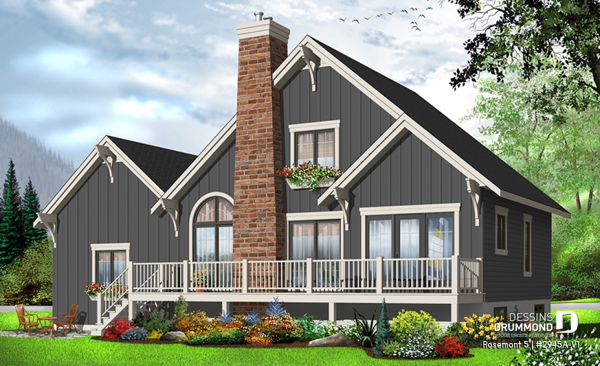 Vue arrière - MODÈLE DE BASE - Plan de maison genre chalet avec garage, foyer, style rustique, 3 chambres, 2 s.bain, mezzanine, cathédral - Rosemont 5