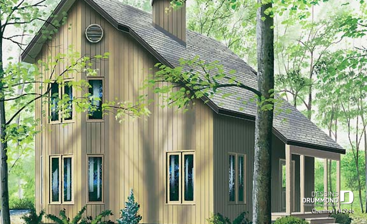 Vue avant - MODÈLE DE BASE - Plan de chalet d'inspiration scandinave, 2 chambres, salle familiale fermée, portes françaises, mezzanine - Cheminet