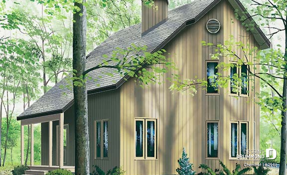 Vue avant - MODÈLE DE BASE - Plan de chalet d'inspiration scandinave, 2 chambres, salle familiale fermée, portes françaises, mezzanine - Cheminet