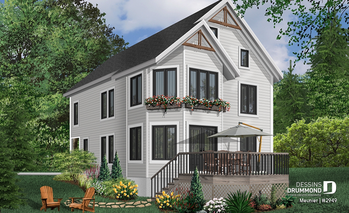 Vue arrière - MODÈLE DE BASE - Plan de cottage de 3 chambres, style Cape Cod, fenestration abondant, grande chambre des parents - Meunier