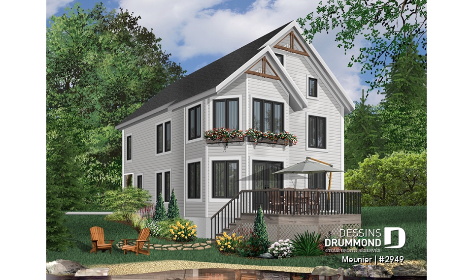 Vue arrière - MODÈLE DE BASE - Plan de cottage de 3 chambres, style Cape Cod, fenestration abondant, grande chambre des parents - Meunier