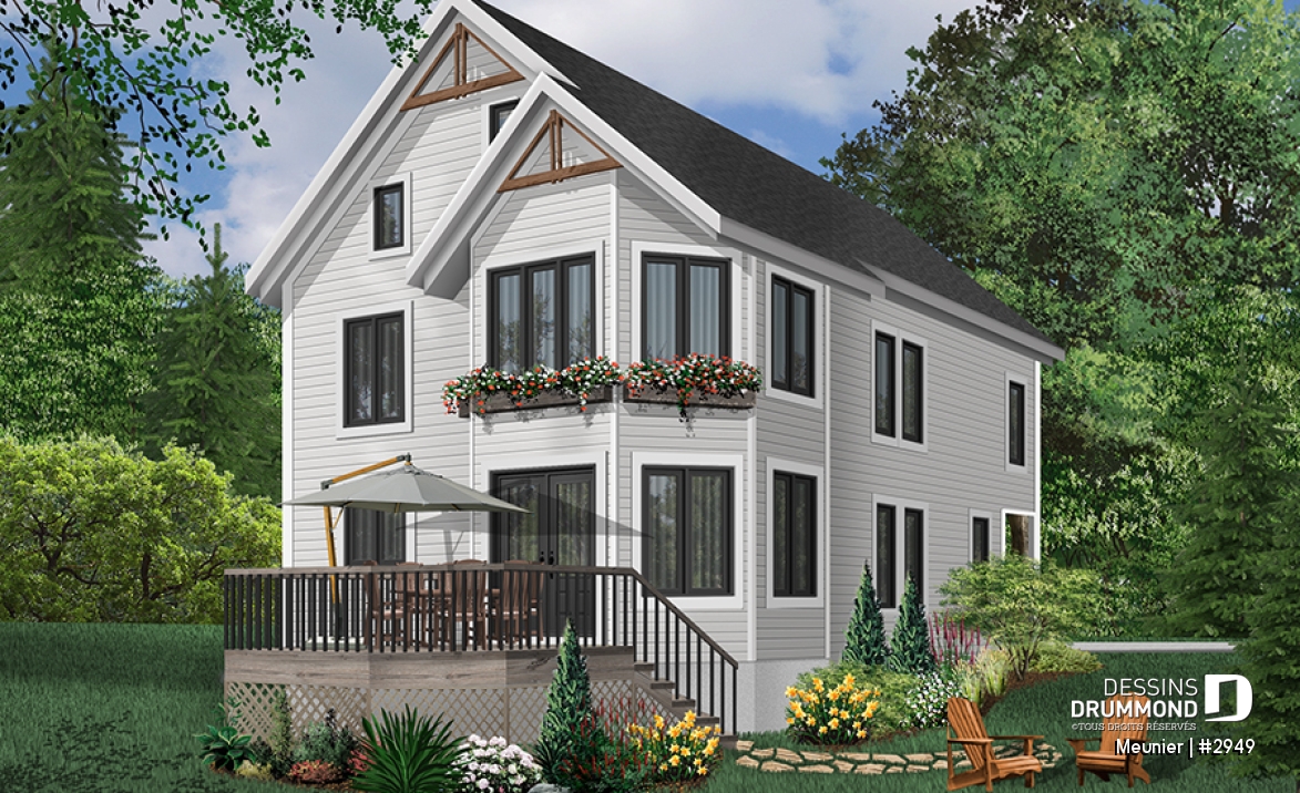 Vue arrière - MODÈLE DE BASE - Plan de cottage de 3 chambres, style Cape Cod, fenestration abondant, grande chambre des parents - Meunier