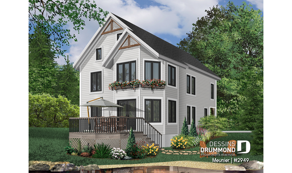 Vue arrière - MODÈLE DE BASE - Plan de cottage de 3 chambres, style Cape Cod, fenestration abondant, grande chambre des parents - Meunier