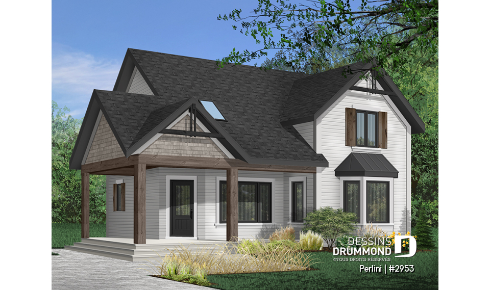 Version couleur no. 9 - Vue avant - Plan de style fermette champêtre, grand vestiaire d'entrée, cuisine avec îlot, galerie couverte, 3 chambres - Perlini