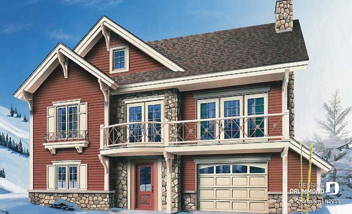 Vue avant - MODÈLE DE BASE - Plan de chalet de ski, plancher inversé avec chambre au sous-sol et espace commun au rez-de-chaussée - Charleston
