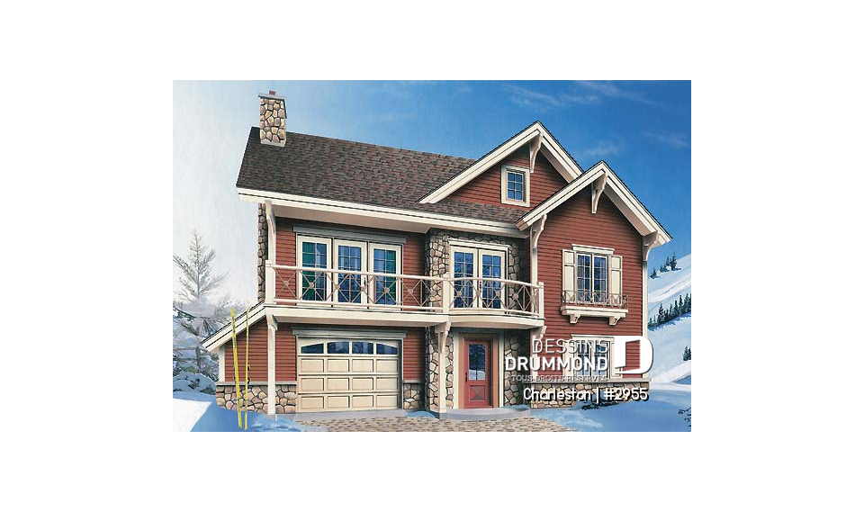 Vue avant - MODÈLE DE BASE - Plan de chalet de ski, plancher inversé avec chambre au sous-sol et espace commun au rez-de-chaussée - Charleston