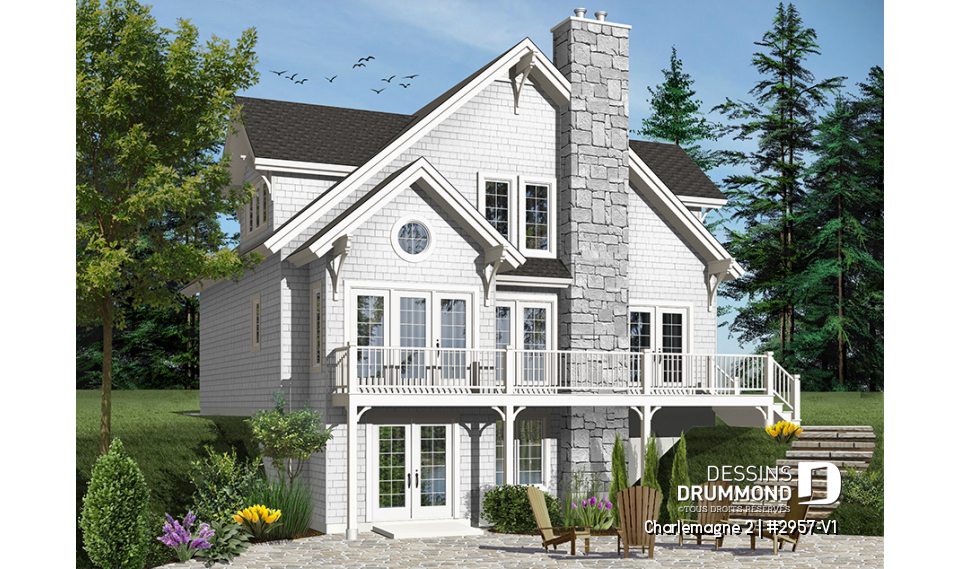 Version couleur no. 5 - Vue arrière - Plan de chalet avec grande terrasse, 3 à 4 chambres, espace ouvert, foyer, style chalet bord de l'eau - Charlemagne 2