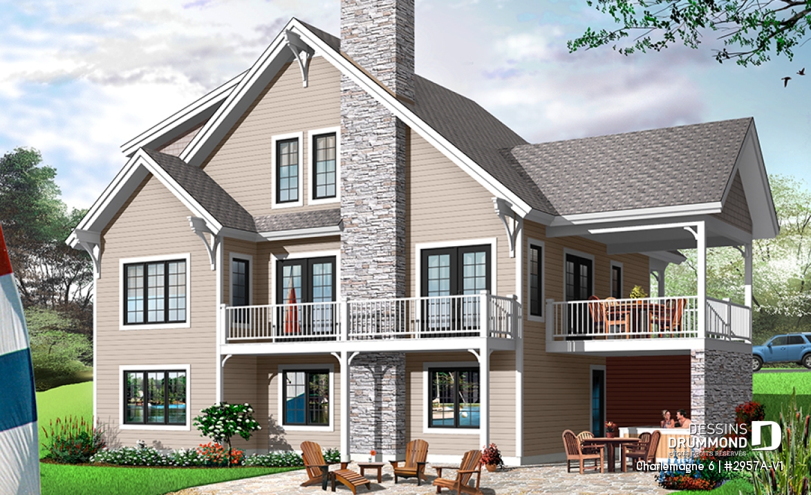 Vue arrière - MODÈLE DE BASE - Spacieux plan de chalet 2 à 6 chambres, grande buanderie, 2 salons, foyer, 2 balcons dont un abrité - Charlemagne 6