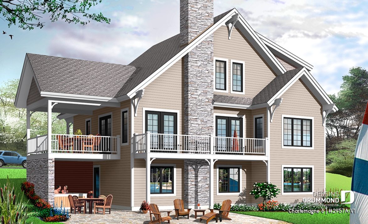 Vue arrière - MODÈLE DE BASE - Spacieux plan de chalet 2 à 6 chambres, grande buanderie, 2 salons, foyer, 2 balcons dont un abrité - Charlemagne 6