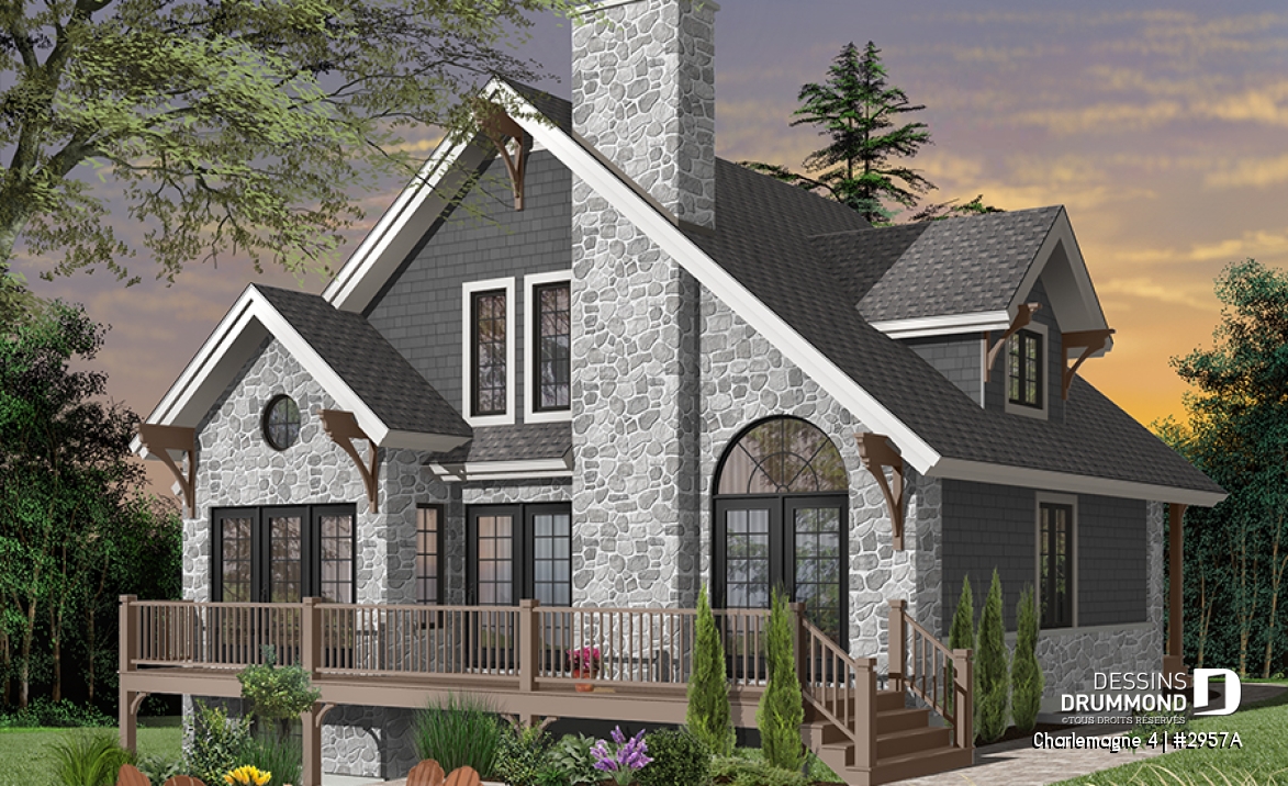 Vue arrière - MODÈLE DE BASE - Plan de chalet rustique, 3 chambres, plafond cathédrale, foyer, grand balcon arrière, mezzanine - Charlemagne 4