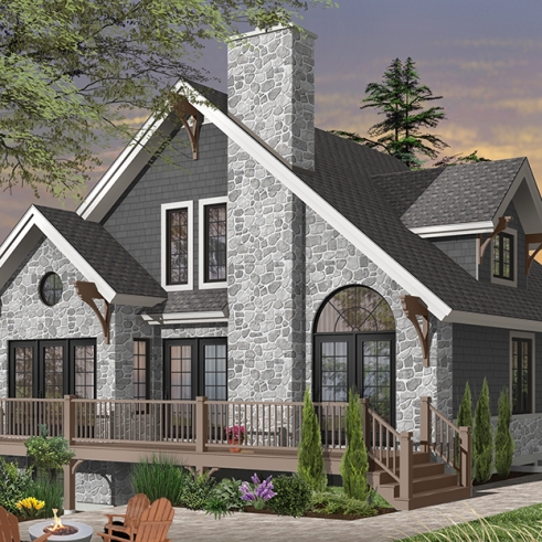 Vue arrière - MODÈLE DE BASE - Plan de chalet rustique, 3 chambres, plafond cathédrale, foyer, grand balcon arrière, mezzanine - Charlemagne 4