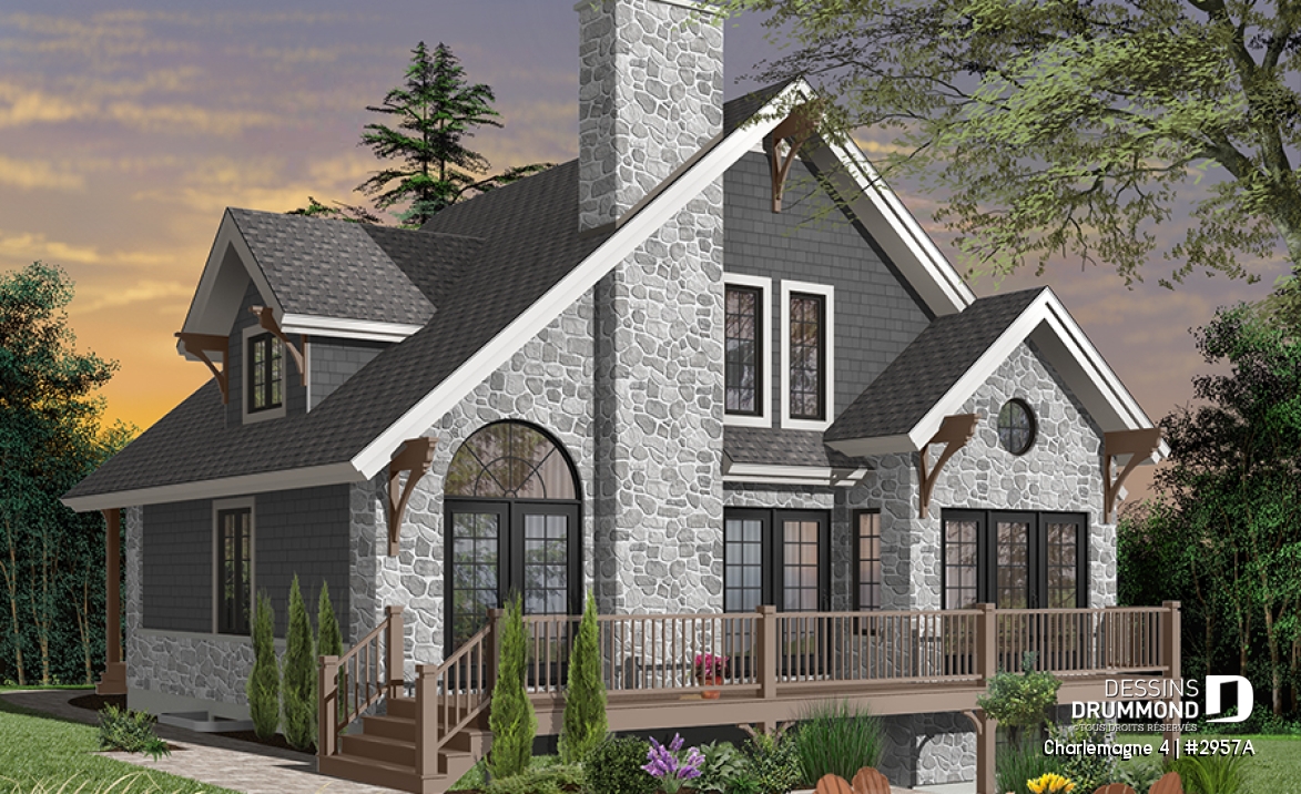 Vue arrière - MODÈLE DE BASE - Plan de chalet rustique, 3 chambres, plafond cathédrale, foyer, grand balcon arrière, mezzanine - Charlemagne 4