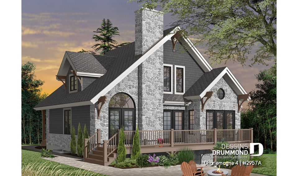 Vue arrière - MODÈLE DE BASE - Plan de chalet rustique, 3 chambres, plafond cathédrale, foyer, grand balcon arrière, mezzanine - Charlemagne 4