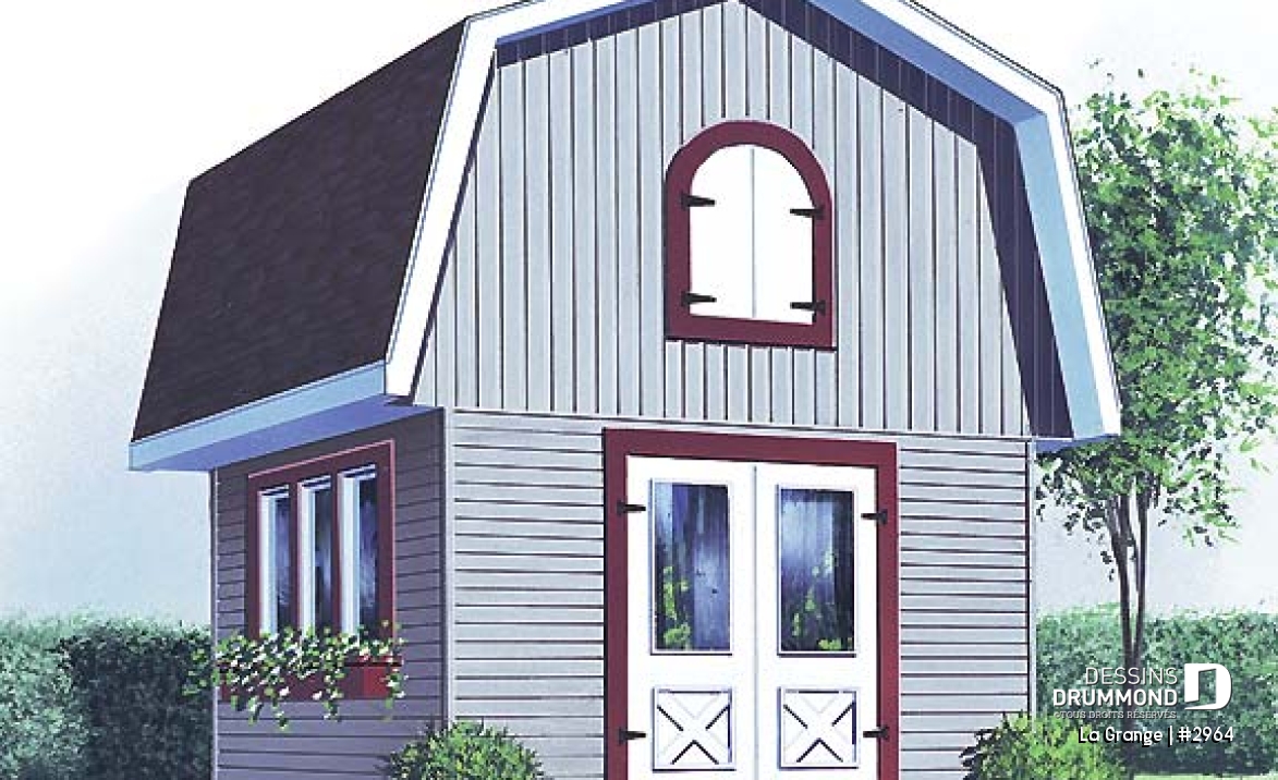 Vue avant - MODÈLE DE BASE - Plan de remise style grange, avec rangement à l'étage accessible par escalier - La Grange
