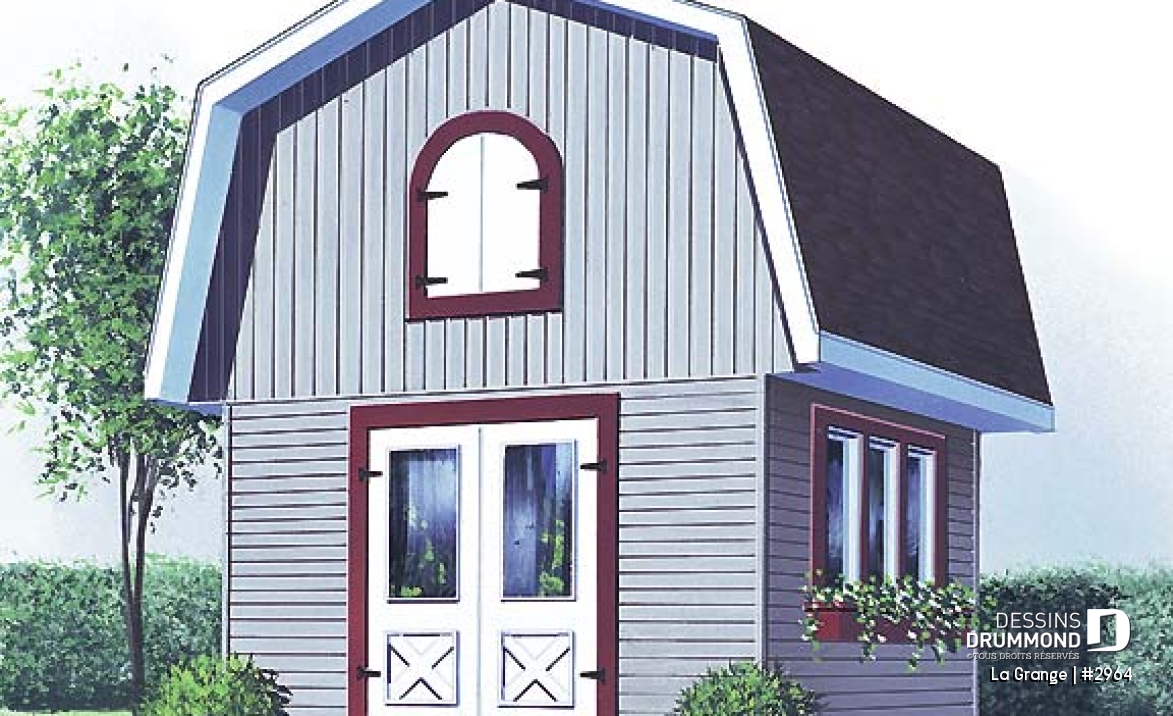 Vue avant - MODÈLE DE BASE - Plan de remise style grange, avec rangement à l'étage accessible par escalier - La Grange