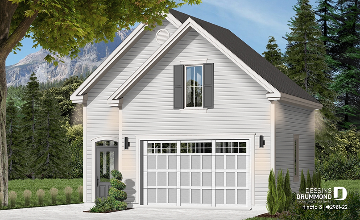 Vue avant - MODÈLE DE BASE - Plan de garage simple et spacieux, champêtre avec espace boni de rangement accessible par des escaliers - Hinata 3
