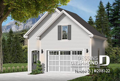 Vue avant - MODÈLE DE BASE - Plan de garage simple à l'Américaine avec espace boni de rangement accessible par des escaliers - Hinata 3