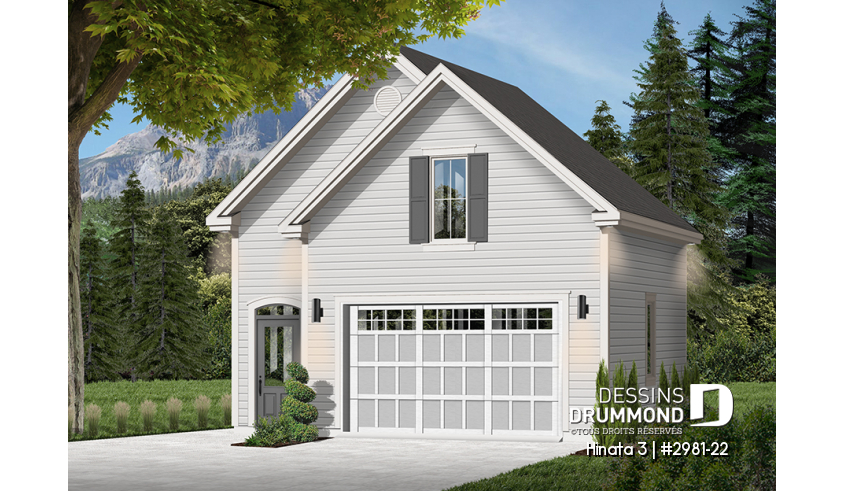 Vue avant - MODÈLE DE BASE - Plan de garage simple à l'Américaine avec espace boni de rangement accessible par des escaliers - Hinata 3