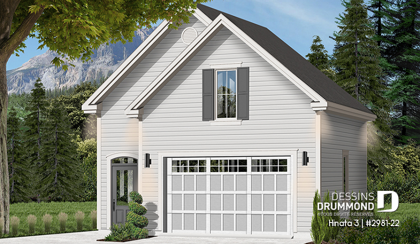 Vue avant - MODÈLE DE BASE - Plan de garage simple à l'Américaine avec espace boni de rangement accessible par des escaliers - Hinata 3