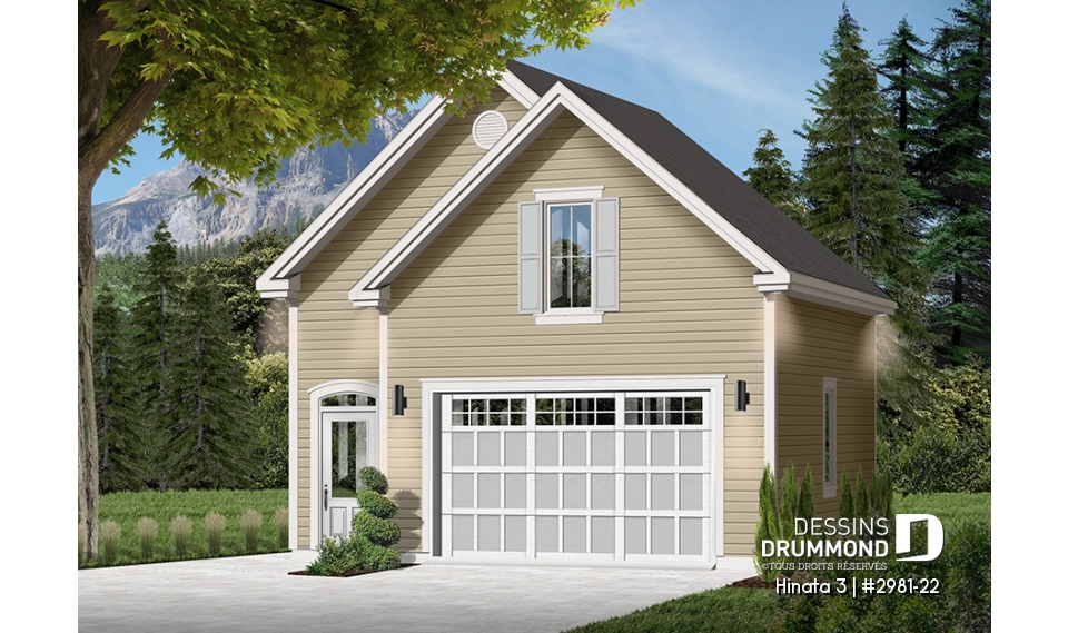 Vue avant - MODÈLE DE BASE - Plan de garage simple et spacieux, champêtre avec espace boni de rangement accessible par des escaliers - Hinata 3