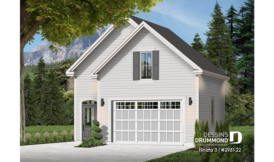 Vue avant - MODÈLE DE BASE - Plan de garage simple et spacieux, champêtre avec espace boni de rangement accessible par des escaliers - Hinata 3