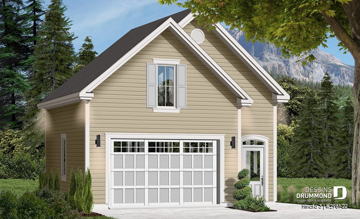 Vue avant - MODÈLE DE BASE - Plan de garage simple et spacieux, champêtre avec espace boni de rangement accessible par des escaliers - Hinata 3