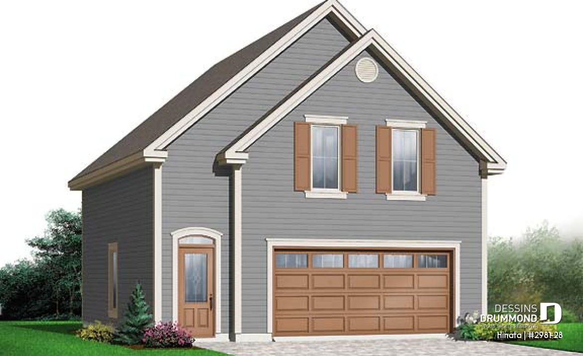 Vue avant - MODÈLE DE BASE - Plan de garage double style champêtre à étages - Hinata