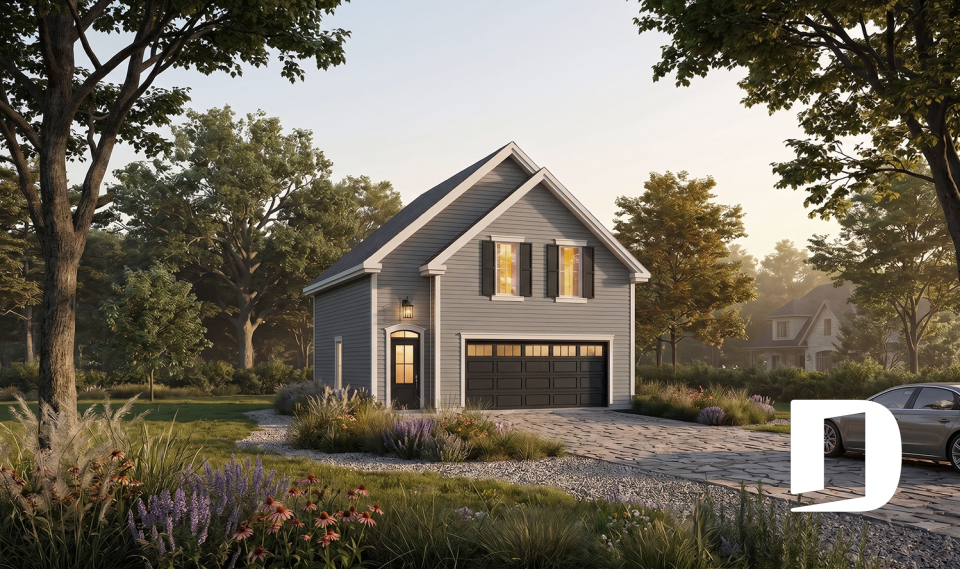 Vue avant - MODÈLE DE BASE - Plan de garage double style champêtre à étages - Hinata