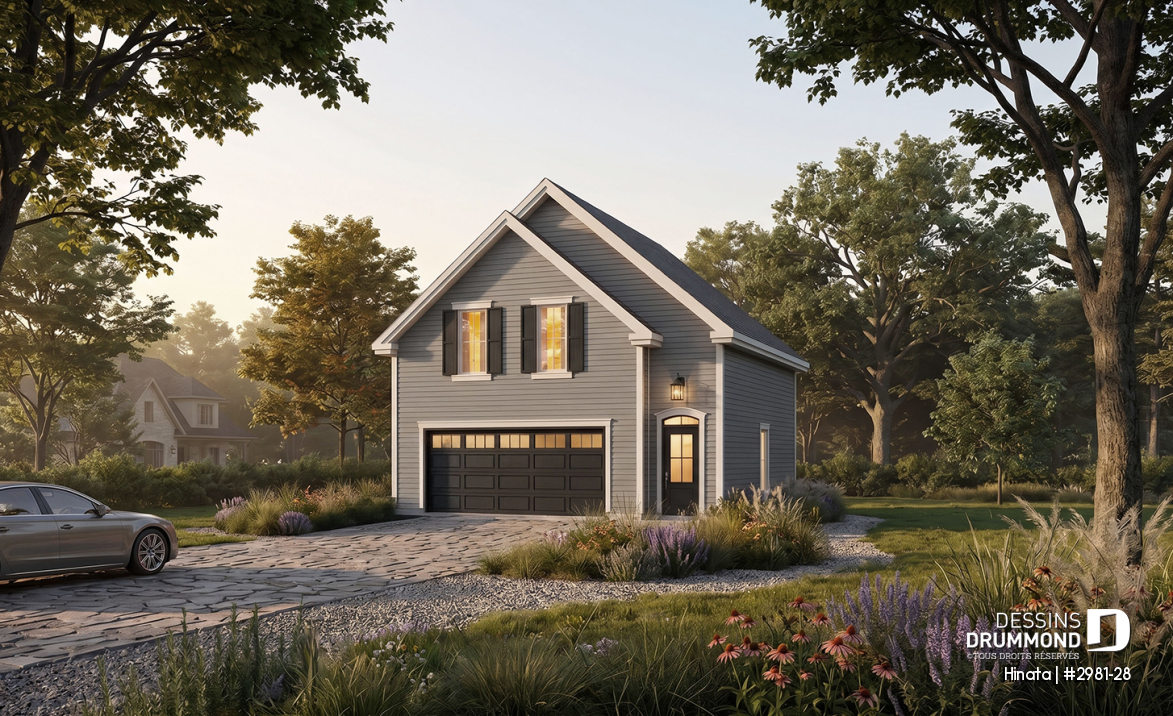 Vue avant - MODÈLE DE BASE - Plan de garage double style champêtre à étages - Hinata