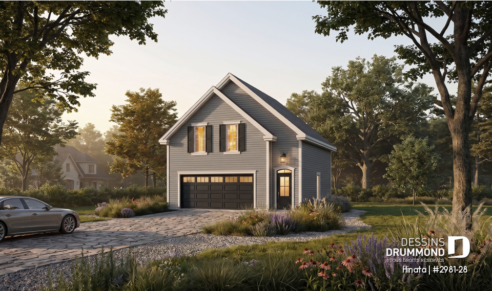 Vue avant - MODÈLE DE BASE - Plan de garage double style champêtre à étages - Hinata