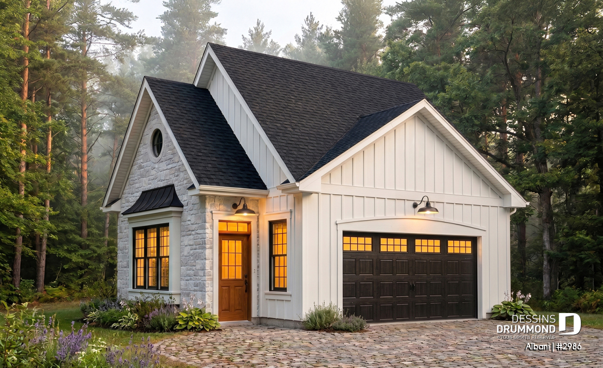 Vue avant - MODÈLE DE BASE - Modèle de garage double champêtre avec grandes fenêtres - Albani