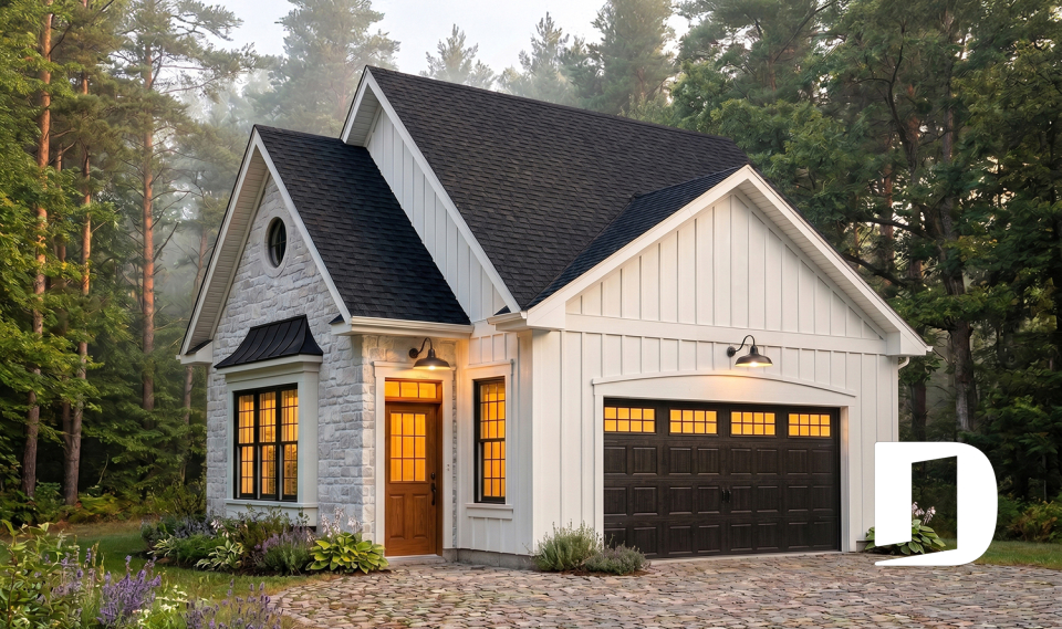 Vue avant - MODÈLE DE BASE - Modèle de garage double champêtre avec grandes fenêtres - Albani