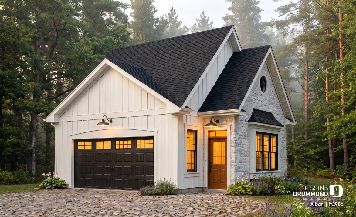 Vue avant - MODÈLE DE BASE - Modèle de garage double champêtre avec grandes fenêtres - Albani