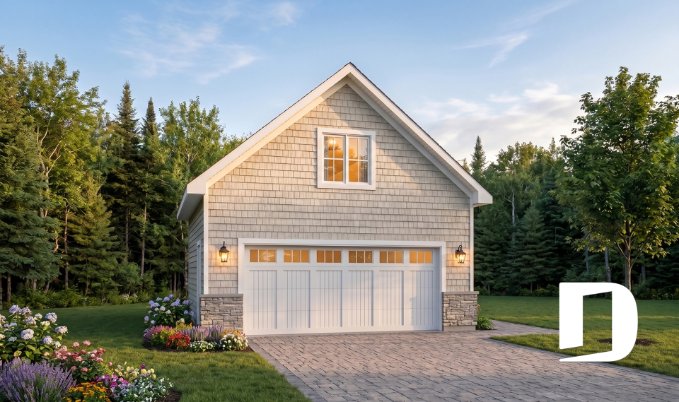 Vue avant - MODÈLE DE BASE - Plan de garage double offrant espace boni aménageable à l'étage - Marceline