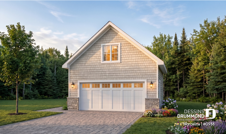 Vue avant - MODÈLE DE BASE - Plan de garage double offrant espace boni aménageable à l'étage - Marceline
