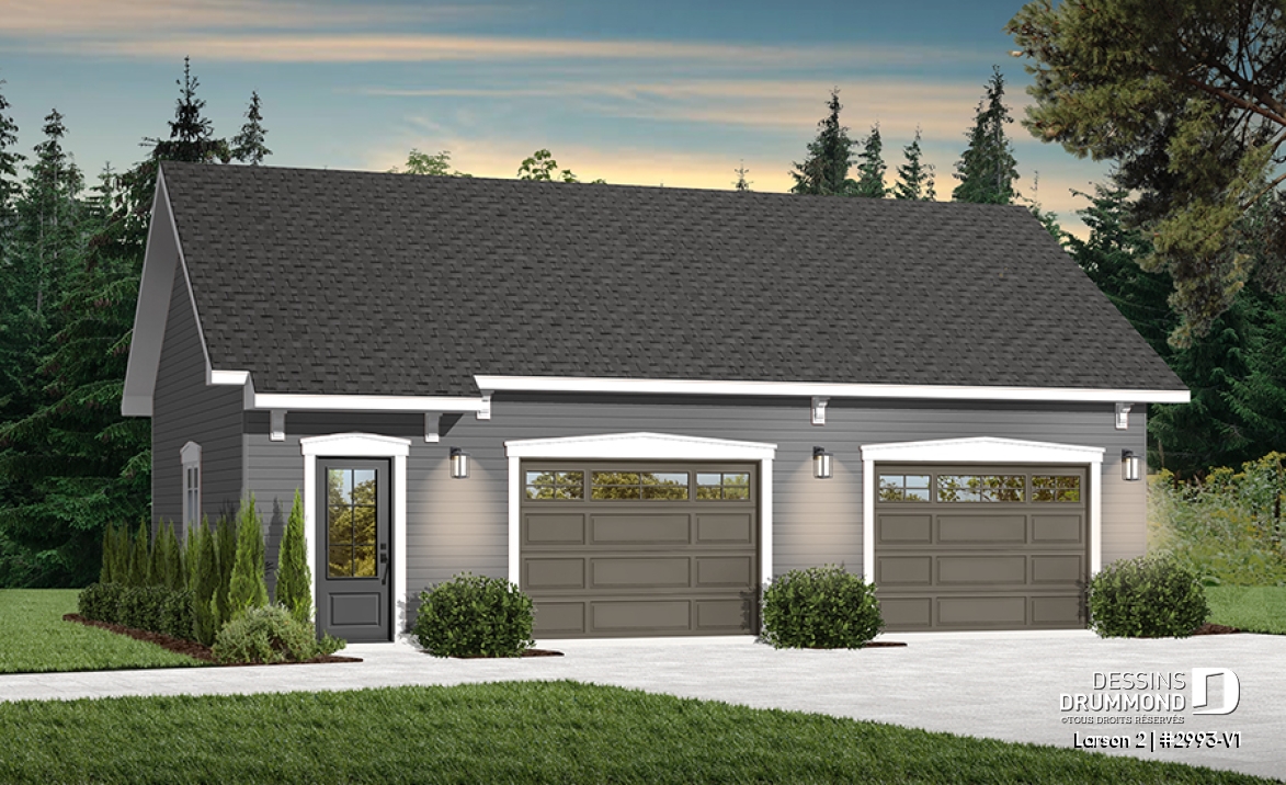 Vue avant - MODÈLE DE BASE - Plan de garage double offrant de l'espace pour 2 voitures et espace de rangement au grenier - Larson 2
