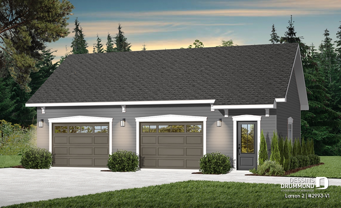 Vue avant - MODÈLE DE BASE - Plan de garage double offrant de l'espace pour 2 voitures et espace de rangement au grenier - Larson 2
