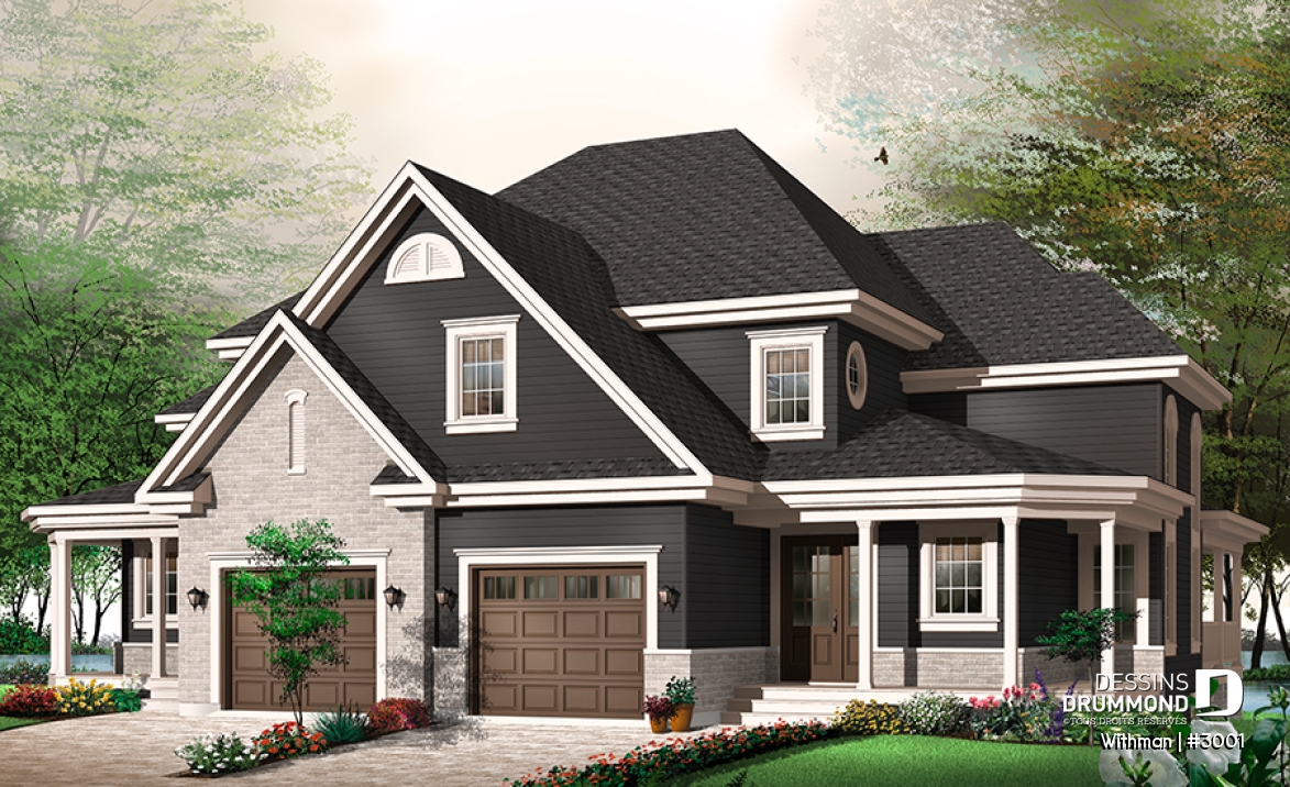 Vue avant - MODÈLE DE BASE - Plan de duplex avec 2 garages, 3 chambres et 2 salles de bain par logement, belle cuisine avec garde-manger - Withman